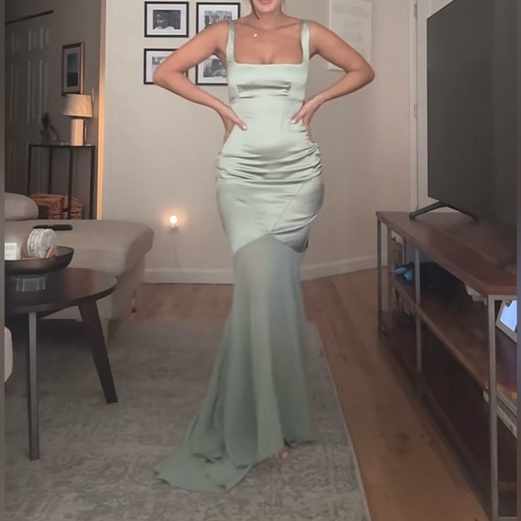 sage green mermaid dress V Back Mesh Embroidered Mermaid Dress with Godets – Camille La Vie main image 1